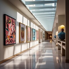 Wall Mural - A long hallway with paintings on the wall. Generative AI.