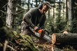 A man is cutting wood in the forest with a chainsaw.