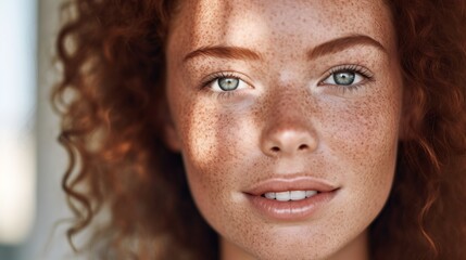 woman with freckles smiling looking at camera, beauty shot close up, redhead