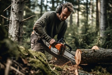 a man is cutting wood in the forest with a chainsaw.