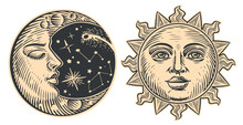 Sun And Moon With Face. Day And Night Concept. Hand Drawn Vintage Vector Illustration Astrology Engraving Style