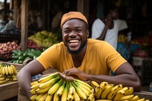 Smiling African Black Man Selling Bunch Of Bananas In Fruit Market.