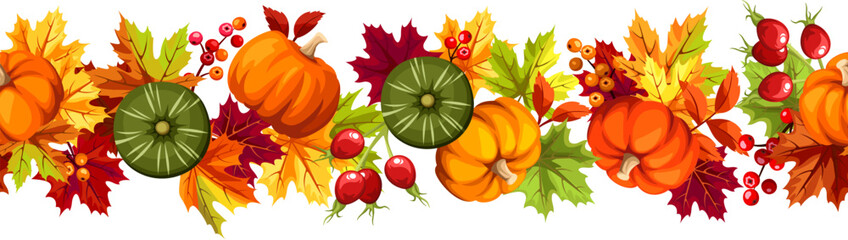Wall Mural - seamless border with pumpkins, colorful autumn leaves, rowan berries, and rosehip. vector illustrati