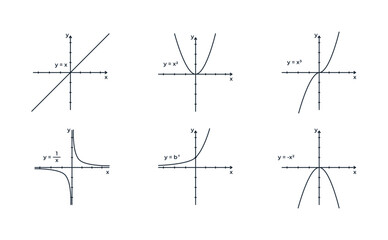 Illustration of different types of curves on a coordinate system. Algebra for school education