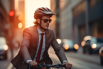 Wall Mural - Businessman wearing helmet biking with bicycle to work.