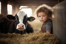 Young Cow Calf And Boy In The Nursery Of A Dairy Farm.