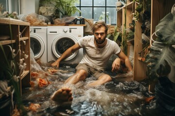 Unhappy, confused man in laundry room with dirty clothing.