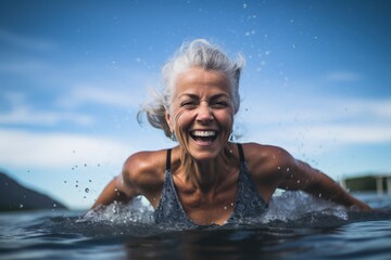 Wall Mural - Old happy woman swim in the lake.