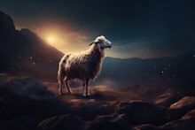 One Missing Sheep At Night. Bible Concept For Jesus Looking For Lost Sheep.