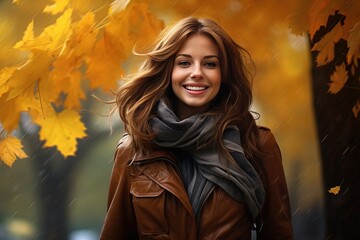 Wall Mural - Smiling woman in park at autumn.