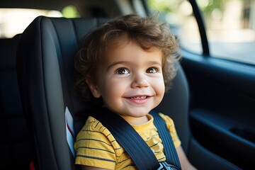 Wall Mural - Smiling child strapped in a car seat.