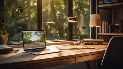 Wall Mural - A laptop computer sitting on top of a wooden desk. Generative AI.