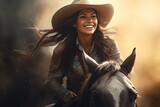 Smiling woman in cowboy style riding a horse.