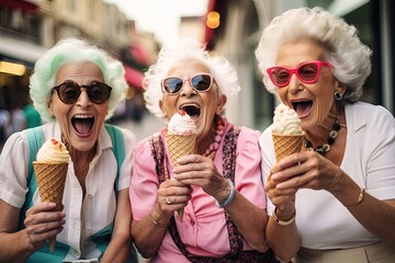 Wall Mural - Old women are having fun and enjoying ice cream cones on a city street.