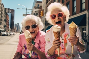 Wall Mural - Old women are having fun and enjoying ice cream cones on a city street.