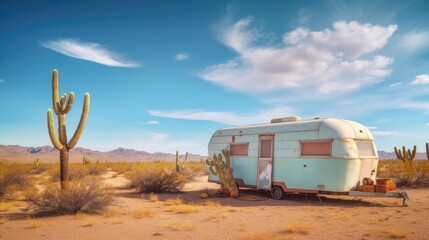 Old style retro caravan abandoned in the desert with sand and cactus. Generative AI