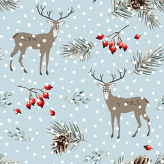 Wall Mural - christmas seamless pattern, deer animals, pine twigs, cones, red berries, snow, gray background. vec