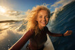 portrait of a blonde fit woman surfing on the beach