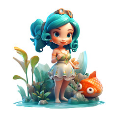 Wall Mural - Cute little mermaid with goldfish in water. Vector illustration.