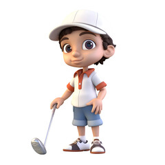 Wall Mural - 3D Render of Little Boy with golf club and hat on white background