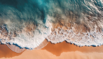  Summer beach, water and sand, top down view.