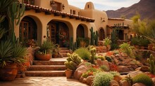 A Close Up Of A Nicely Landscaped Home Of The Southwest Adobe Style 
