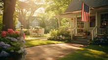 An American Flag Flies From The Open Porch And Gardens Surround A Small Single Family Home On A Spring Afternoon On Cape Cod On The Massachusetts Coast. 8k,