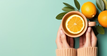 Woman holds in hand cup with orange tea