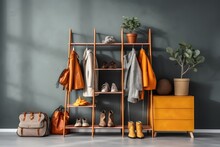 Clothes, Shoes, And Some Accessories On A Rack