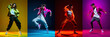 © PixelXpert - Set of artistic young people, men and women contemporary dance styles, hip hop against different coloured background in neon light. Concept of art, hobby, fashion, youth, motion. Collage, Ad.