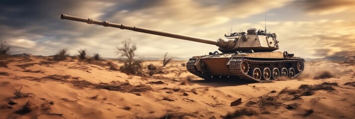 Wall Mural - Armored tank crosses destroyed war zone through fire and smoke in the desert at war zone.