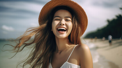 Poster - Beautiful young Asian woman smiling at the beach.