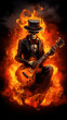 © Alexandre - Caveira com chapéu-coco, guitarra, rock roll, fundo em chamas de fogo