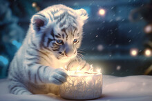 Cute White Tiger Cub In The Snow With Christmas Lights 
