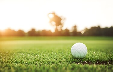  White golf ball on a green field, blurred background with copy space. Playing golf in the bright daytime. Sports. Green lawn with fresh grass outdoors.