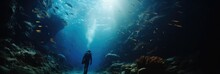 Scuba Divers Through Tunnel Under The Ocean Undersea.