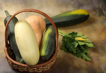 Wall Mural - Various varieties of zucchini in a basket on an old background, the concept of autumn harvest, striped, white and golden zucchini for cultivation in agriculture, organic wholesome products