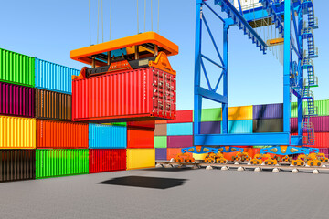 Wall Mural - Container crane with cargo container in container terminal, 3D rendering