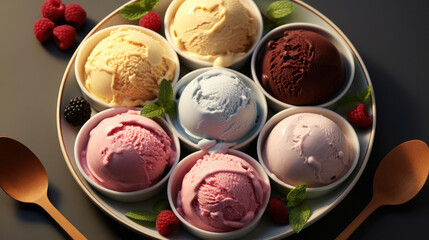 Top view of Multicolor ice cream, Mixed fruit and yoghurt popsicles.