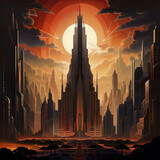 An emposing background with an enormous skycraper in front a large sun surrounded by skycrapers in the city, retro-vintage design like 1920's.