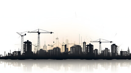 Construction company banner design. Background with black silhouette of construction site with cranes and machinery. City development. Urban skyline. Element for your design. 
