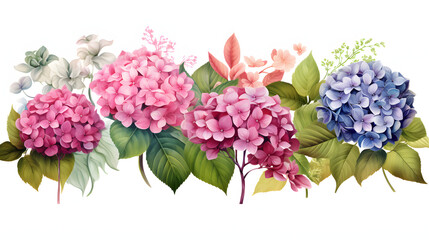 Hydrangeas, plants, leaves and flowers. illustrations of beautiful realistic flowers for background, pattern or wedding invitations
