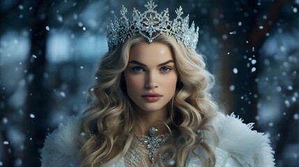 Wall Mural - Snow queen with crown. Snow queen in a winter forest. Beautiful queen of winter.