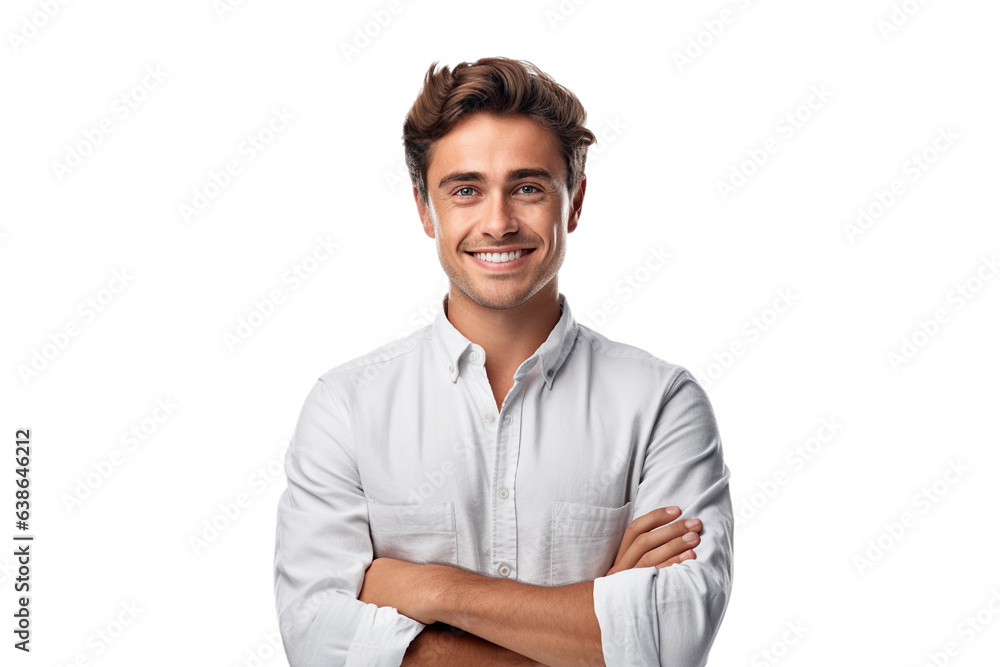 Portrait of handsome smiling young man with folded arms isolated ...