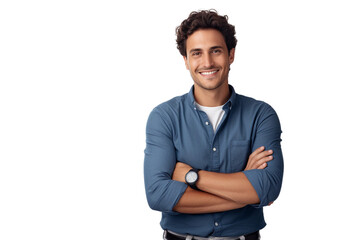 Portrait of handsome smiling young man with folded arms isolated transparent/white background