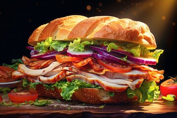 Photo of a delicious and stacked sandwich filled with fresh ingredients