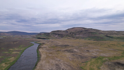 Wall Mural - The Pjorsardalur Valley, located in Árnessýsla county in between the mount Búrfell along the river Þjórsá, which is to the east and mount Skriðufell to the west, Iceland.