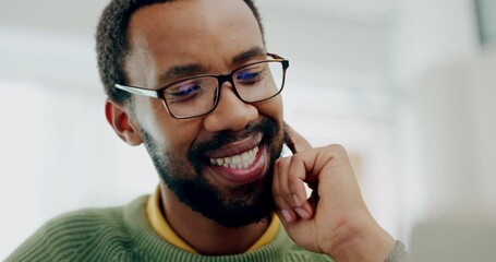 Poster - Happy, thinking and a black man with remote work on a laptop for planning, solution or email. Smile, house and an African entrepreneur reading information from a computer for an idea while working