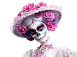 © Pajaros Volando - Catrina or skull sugar Dia de los muertos costume wearing floral dress and arrangement. Isolated transparent background