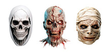 Three Different Halloween Masks Of A Skeleton, Zombie And Mummy. Isolated Transparent Background